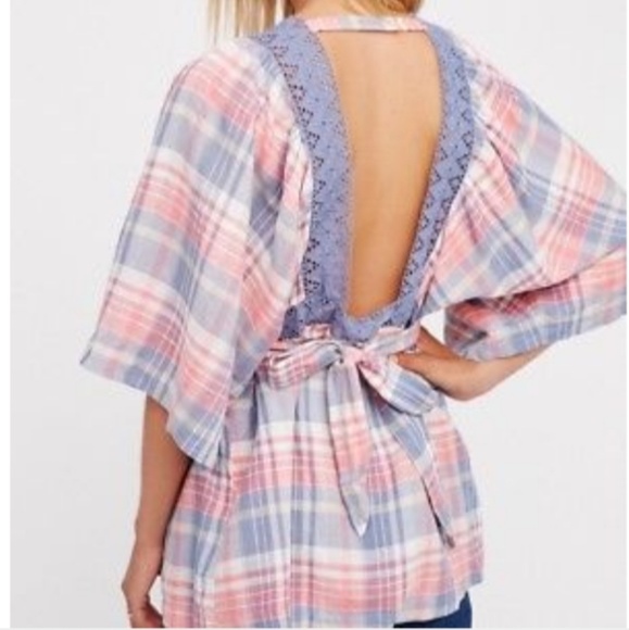 🎁FREE PEOPLE PLAID  LINEN TOP SMALL - Picture 4 of 13